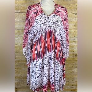Jennifer Lopez Chiffon Pink Animal Print Caftan Mini Dress Size XS Rhinestone